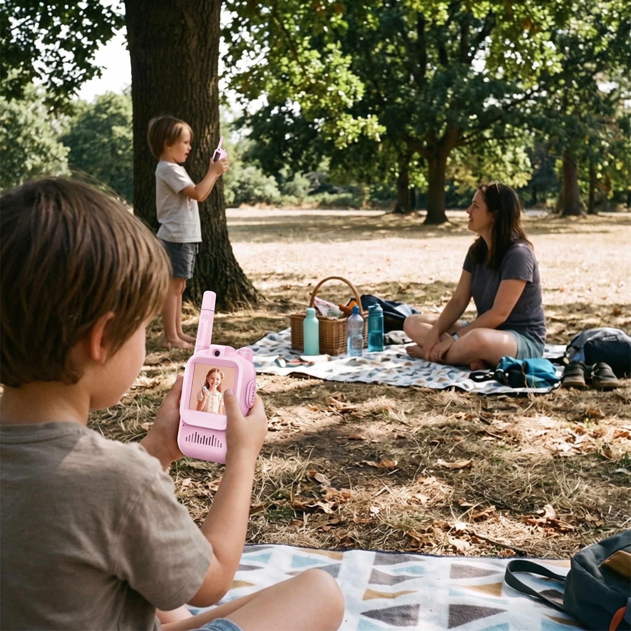 Children using pink Playpal devices at a dry park picnic