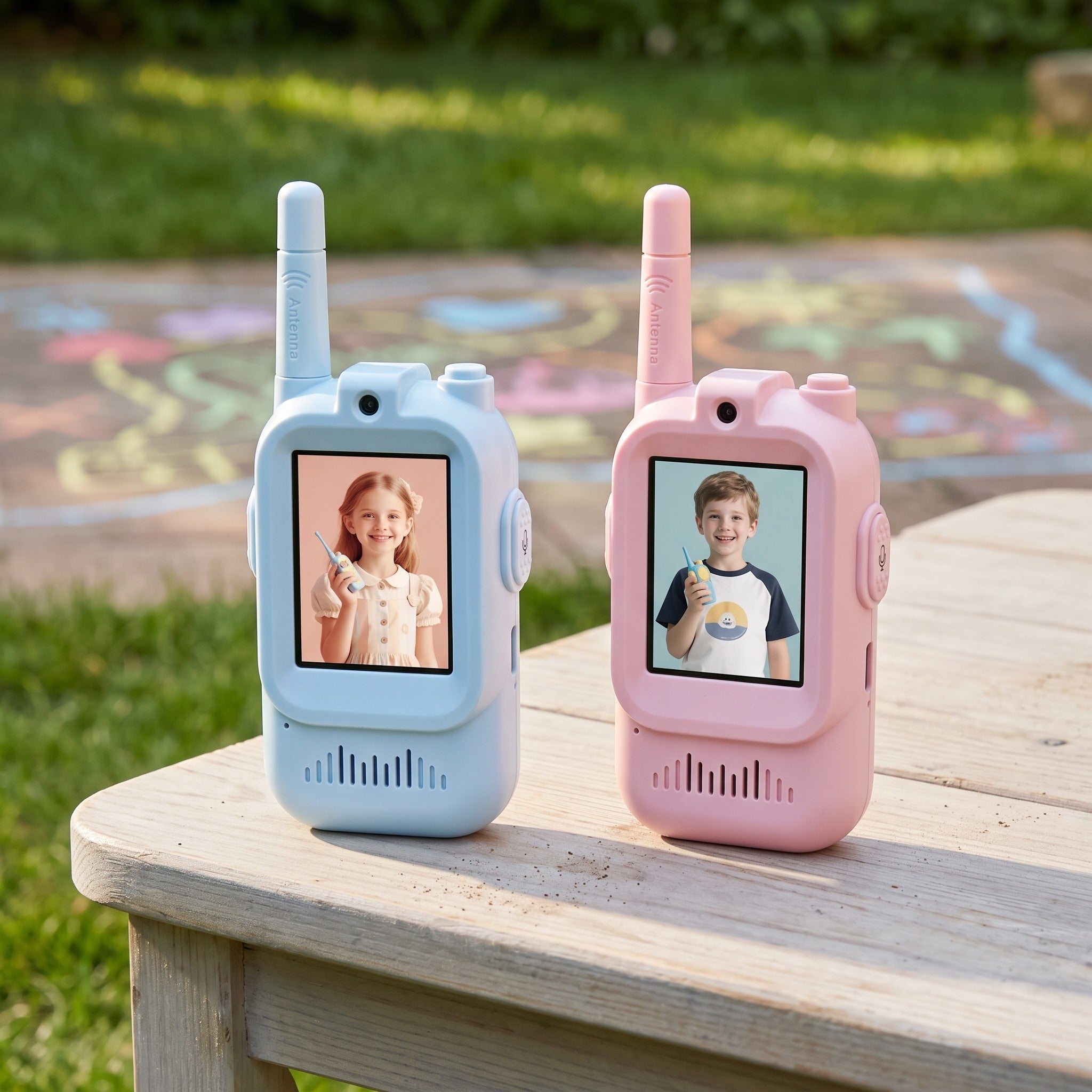 Blue and pink Playpal video walkie-talkies for face-to-face backyard games