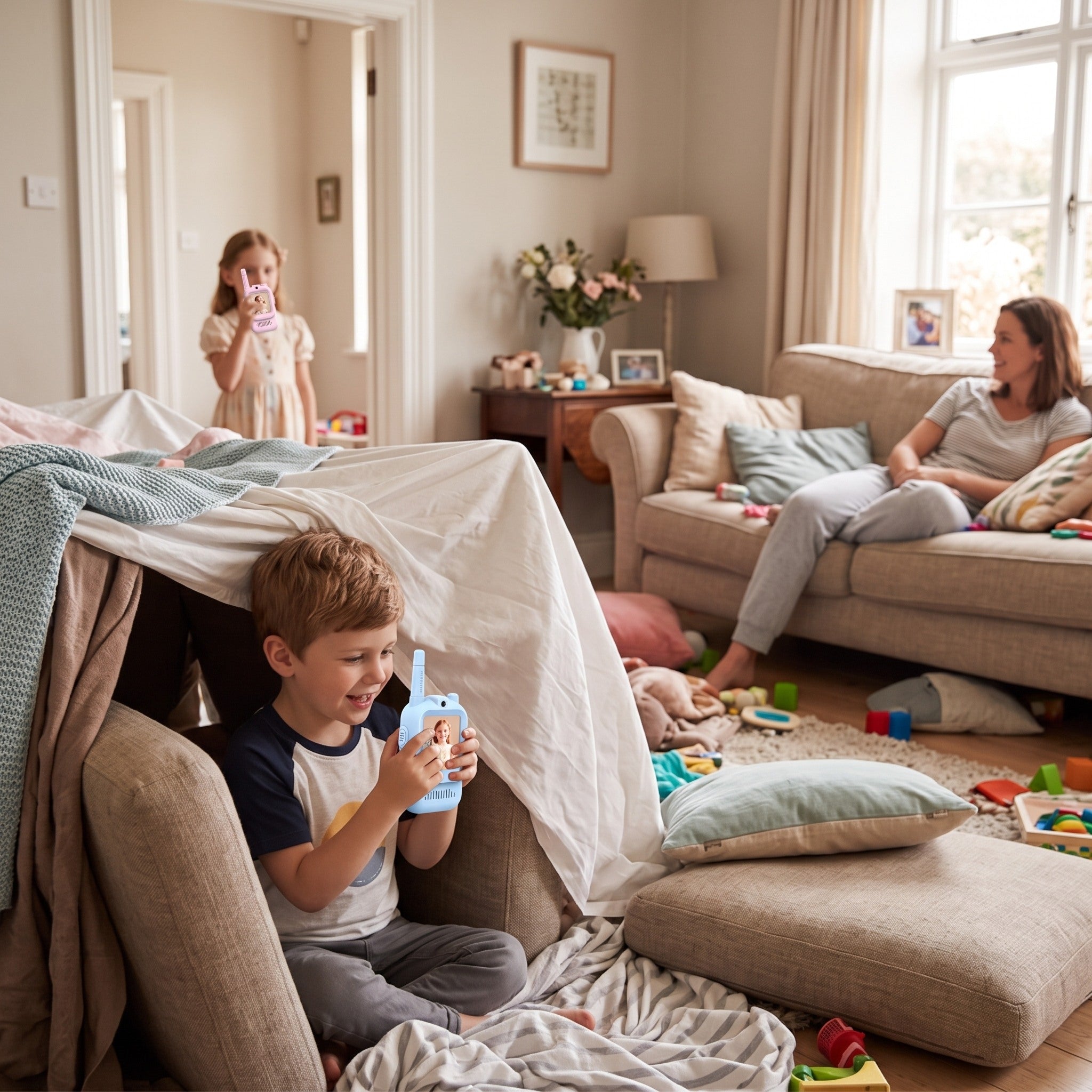 Children playing hide-and-seek indoors with a blue and pink Playpal pair