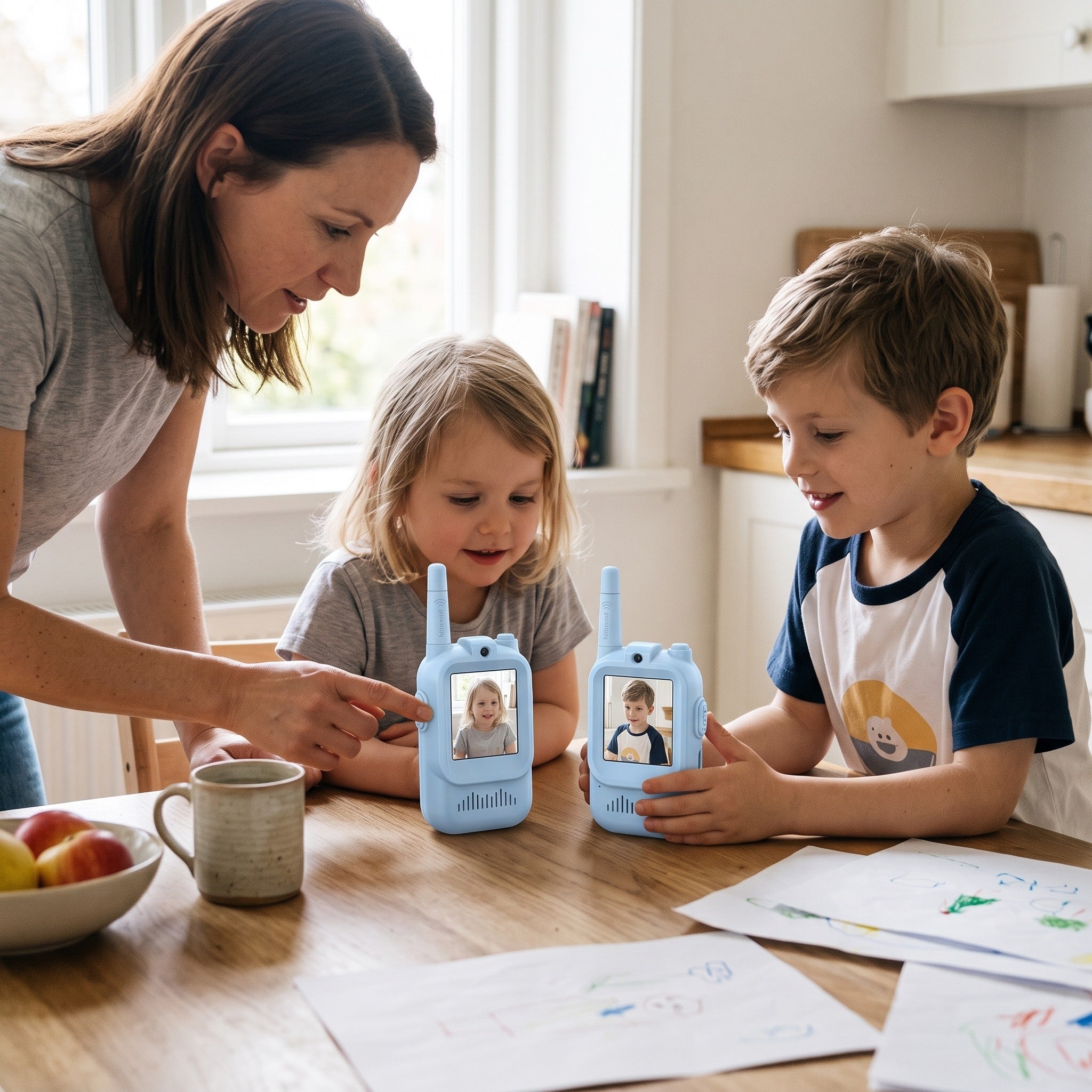 Parent helping children turn on the blue Playpal pair at a kitchen table