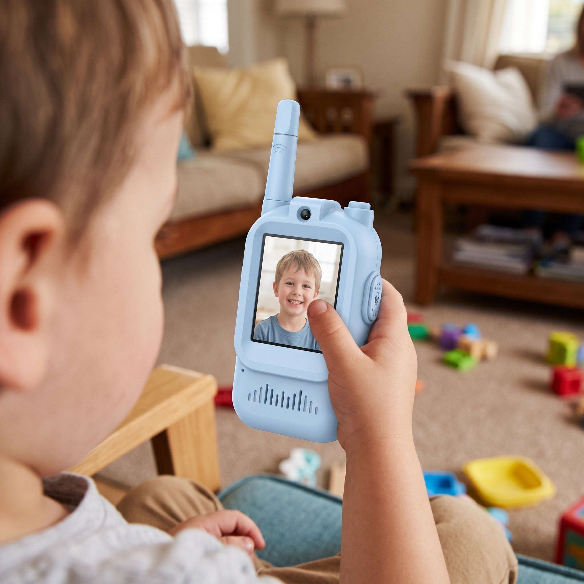 Close view of a blue Playpal video screen