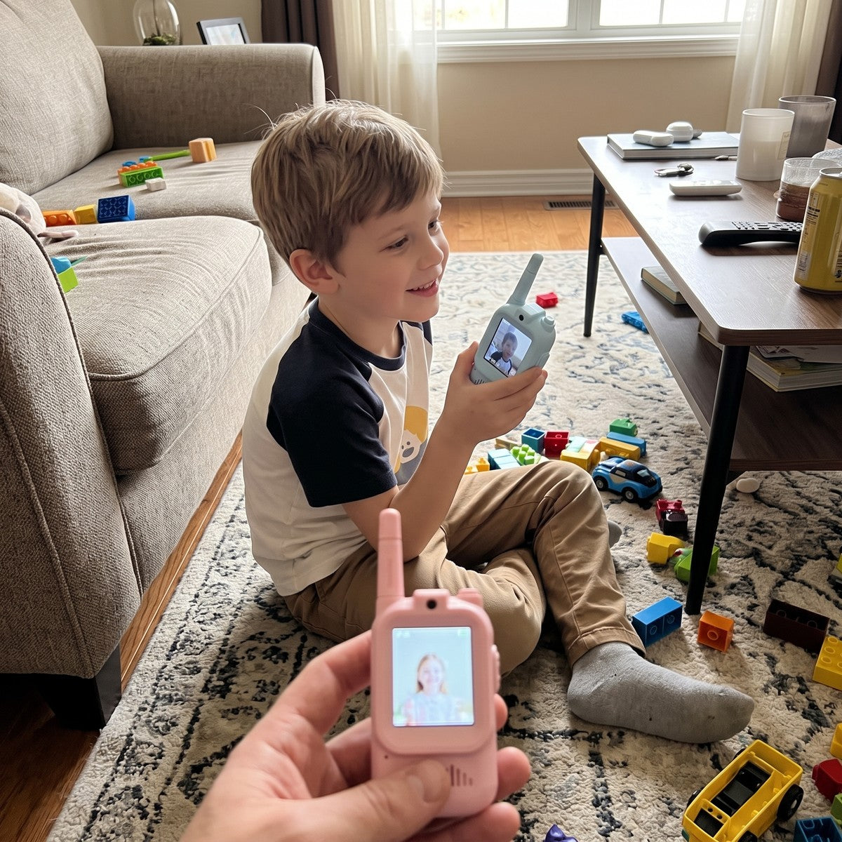 Dad’s view of a child using blue Playpal at home, with pink counterpart in hand