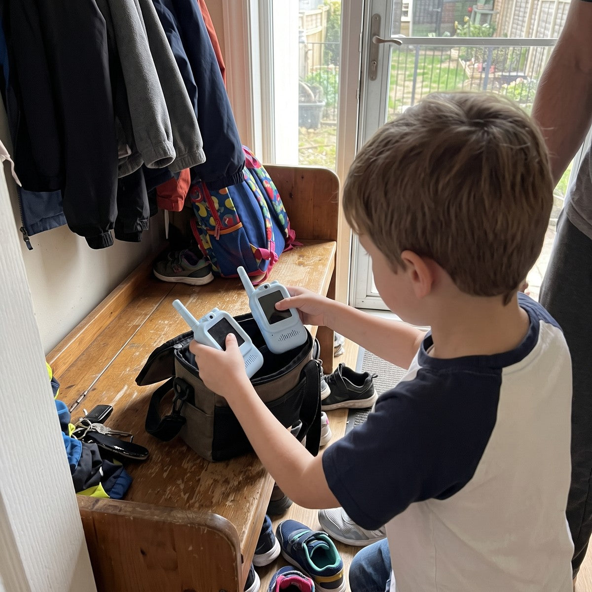 Child taking two blue Playpal devices from a carry bag for garden play