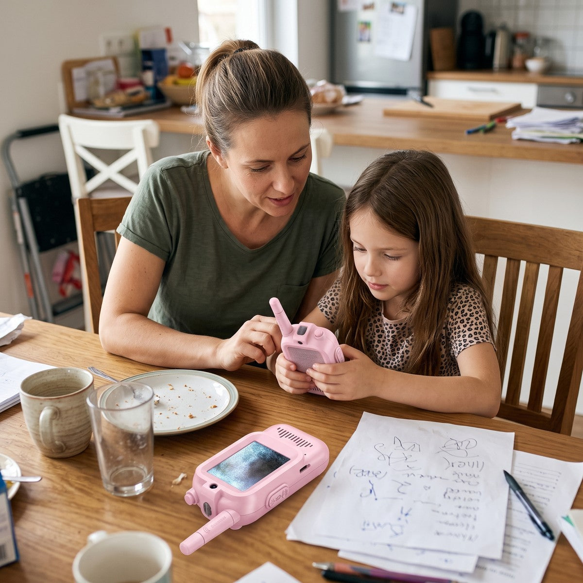 Adult and child first using the pink Playpal pair at a dining table
