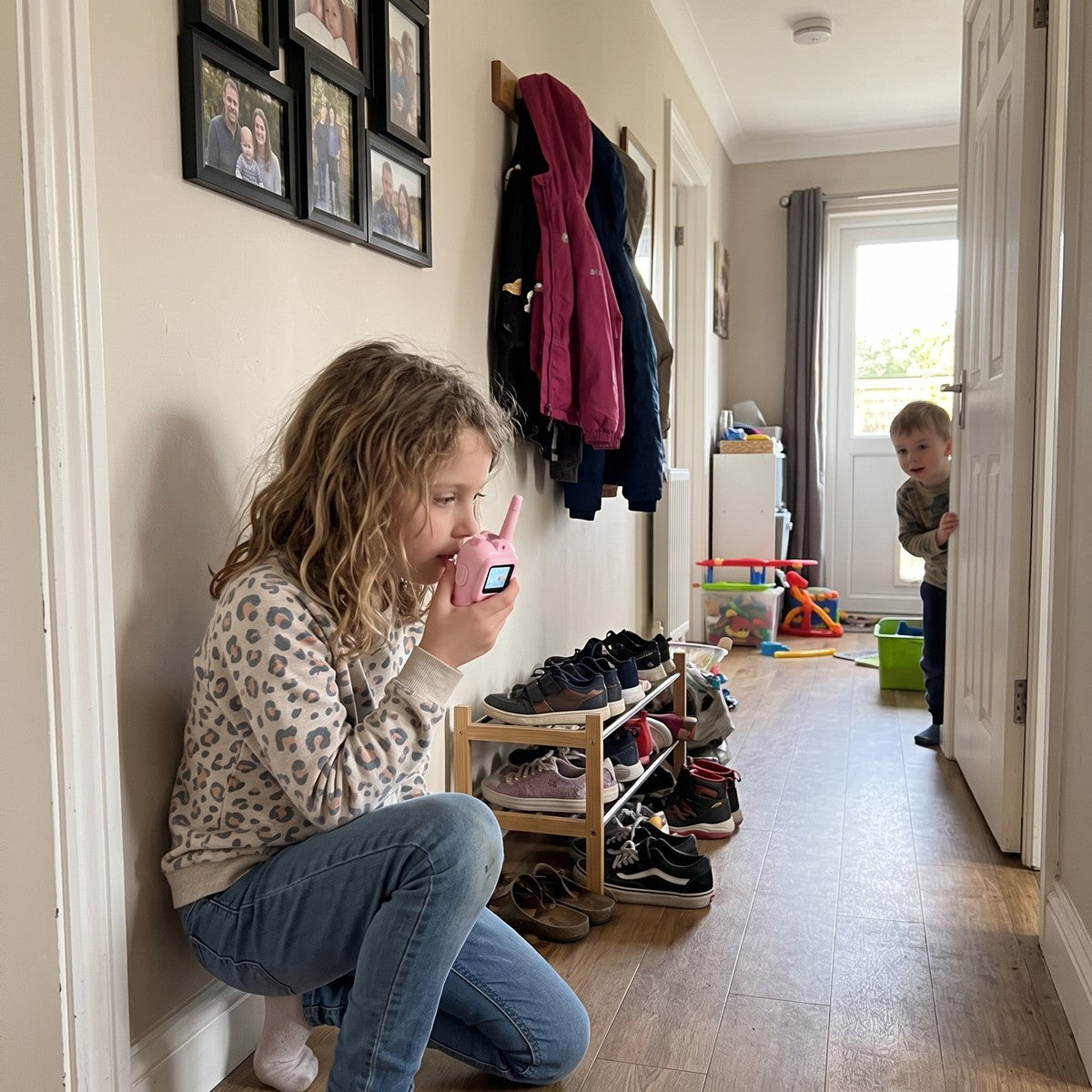 Child using pink Playpal for indoor hide-and-seek in a hallway