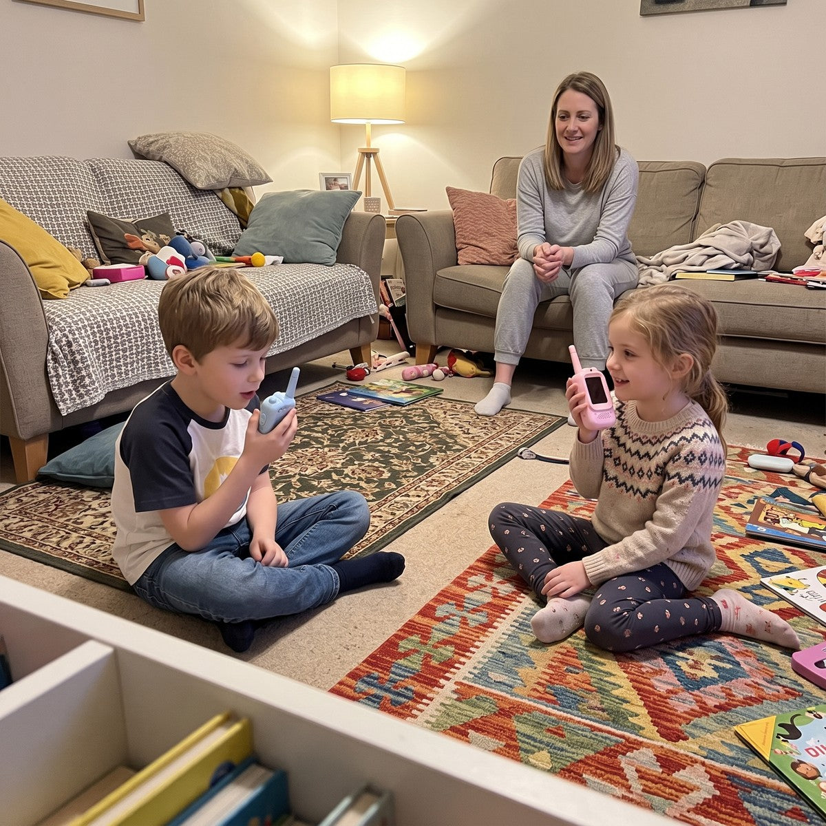 Mum supervising children using blue and pink Playpal on living-room rugs