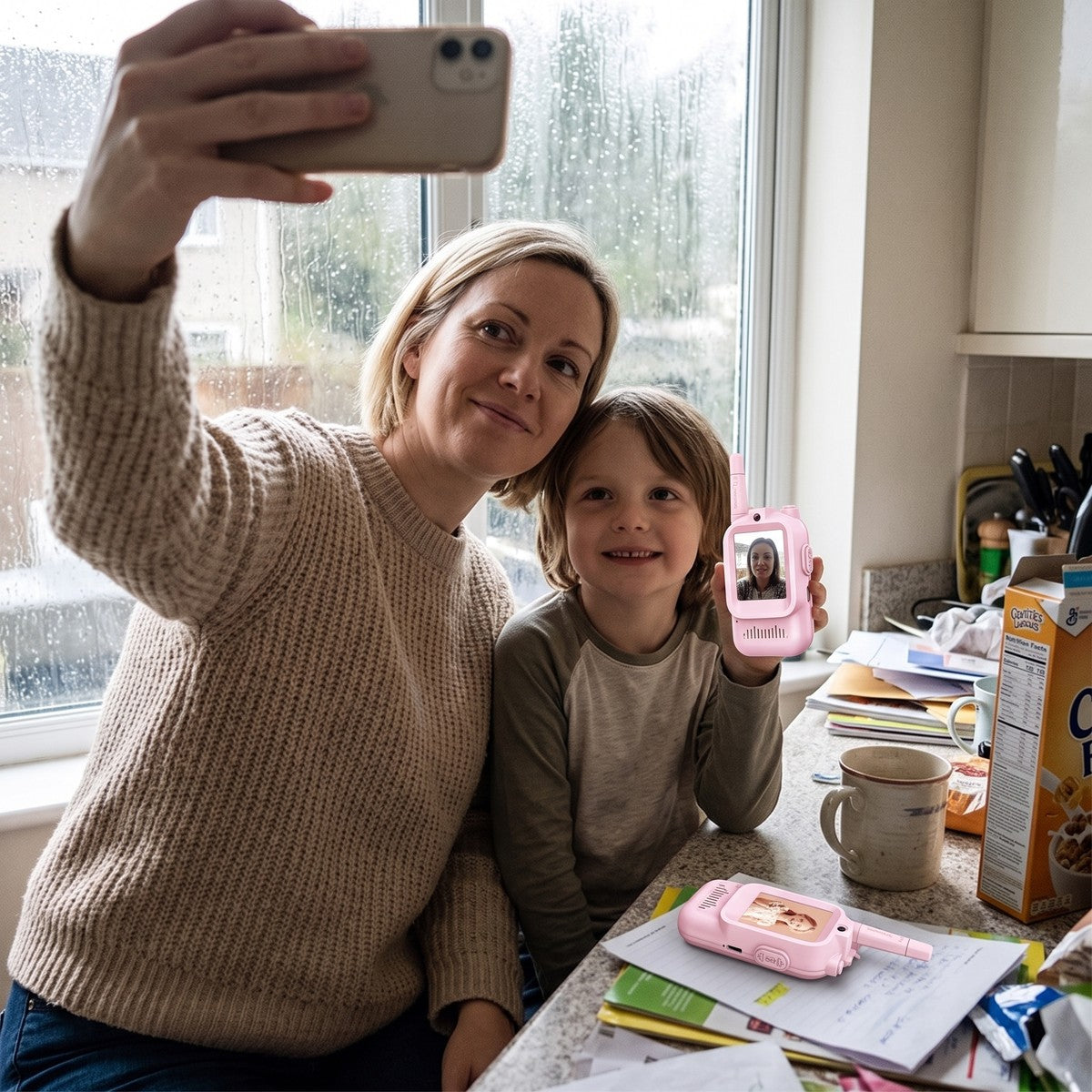 Mum’s kitchen selfie beside child using a pink Playpal device