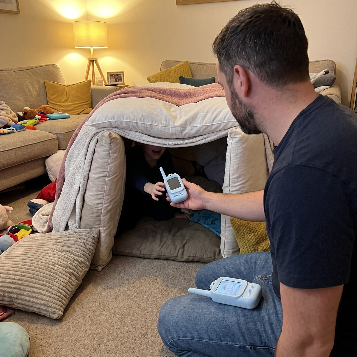 Dad’s view of a pillow fort game with a blue Playpal device