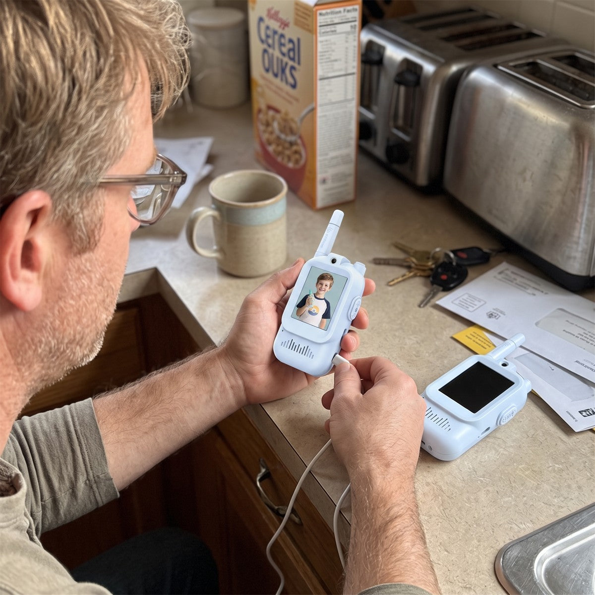Dad’s close view of a blue Playpal device charging with USB-C