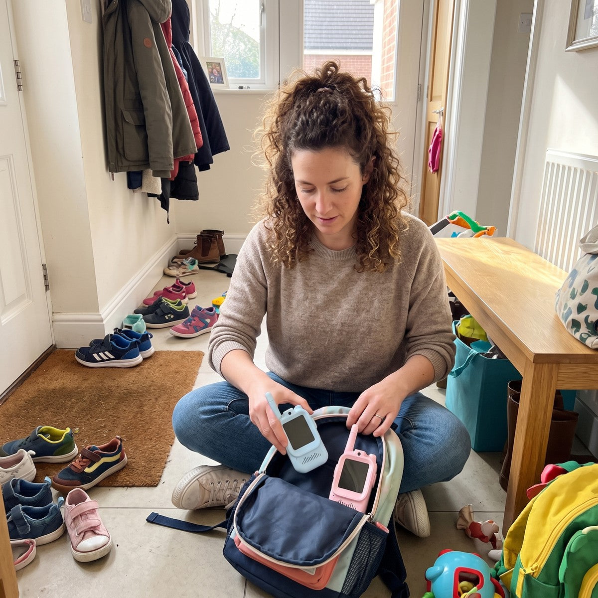 Mum packing the blue and pink Playpal pair into a day bag